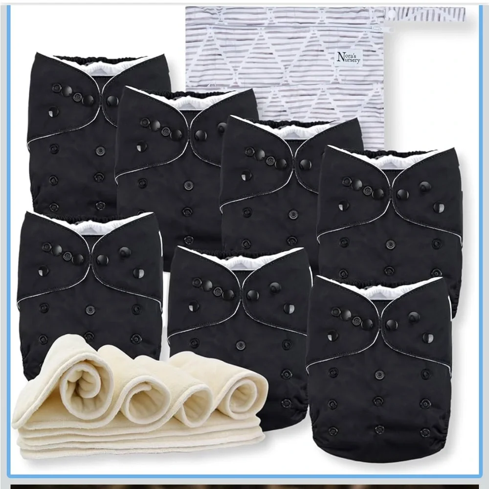 Nora's Nursery Cloth Diapers 7 Pack w/ 7 Inserts & 1 Wet Bag One Size-Black Tie